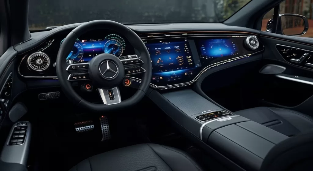 上質な素材と光で演出されたベンツEQE SUVの高級内装