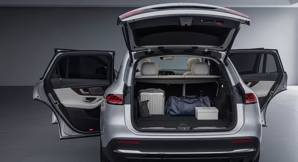 後席の居住性とラゲッジスペースの広さを示すEQE SUVの実用シーン