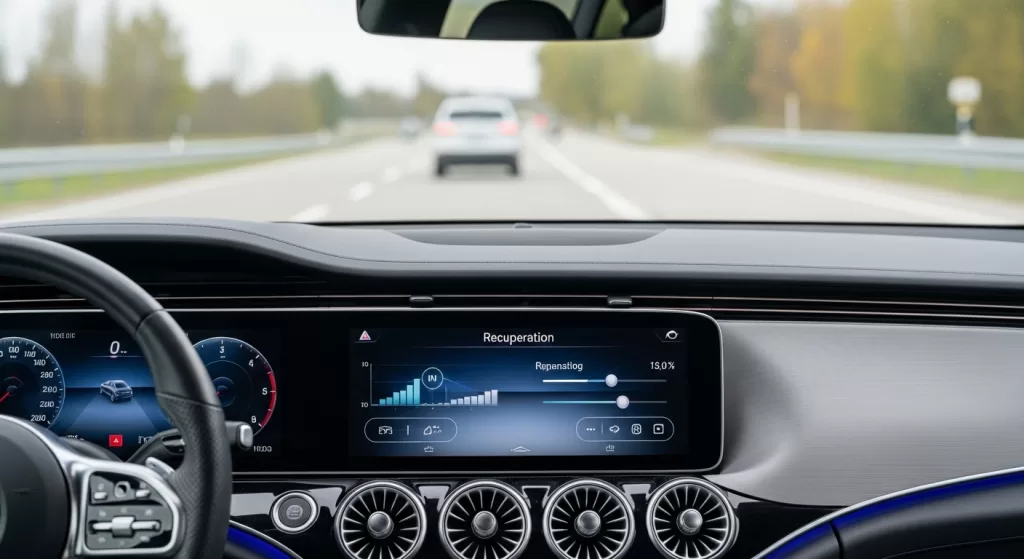 MBUX上で回生ブレーキ設定を確認するEQE SUVのドライバー視点