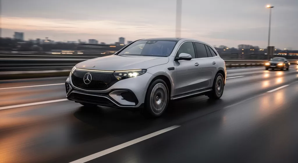 静粛で滑らかな乗り心地を体現するベンツEQE SUVの走行シーン