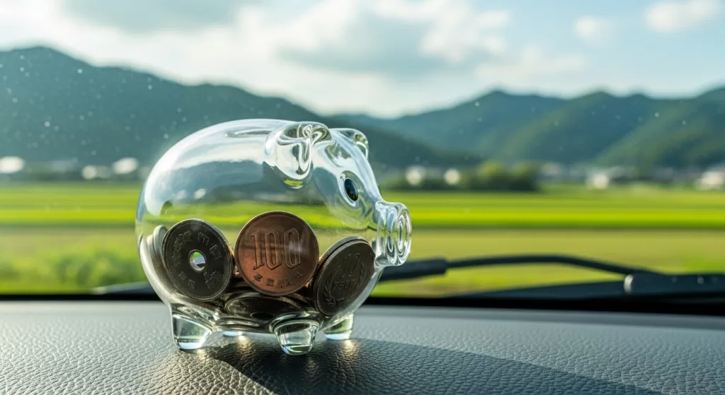 整備技術者がデジタルタブレットで明細書の見本を顧客に説明し、顧客が納得して安心した表情を浮かべる場面、背景にボンネット開放の車