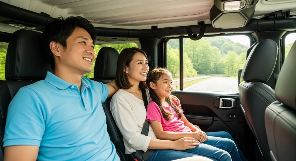 後部座席にゆったりと座る日本人の家族
