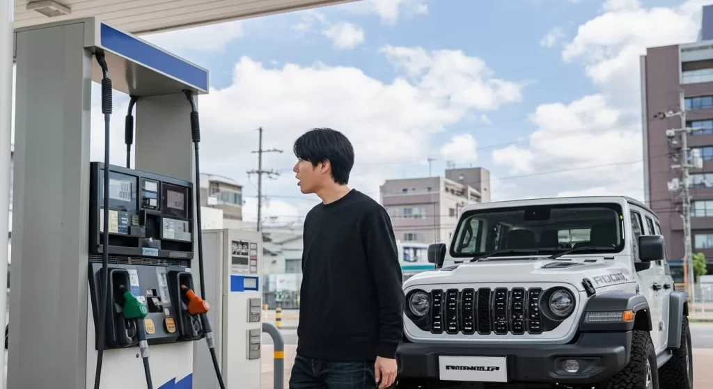 ガソリン代に驚く日本人男性とSUV