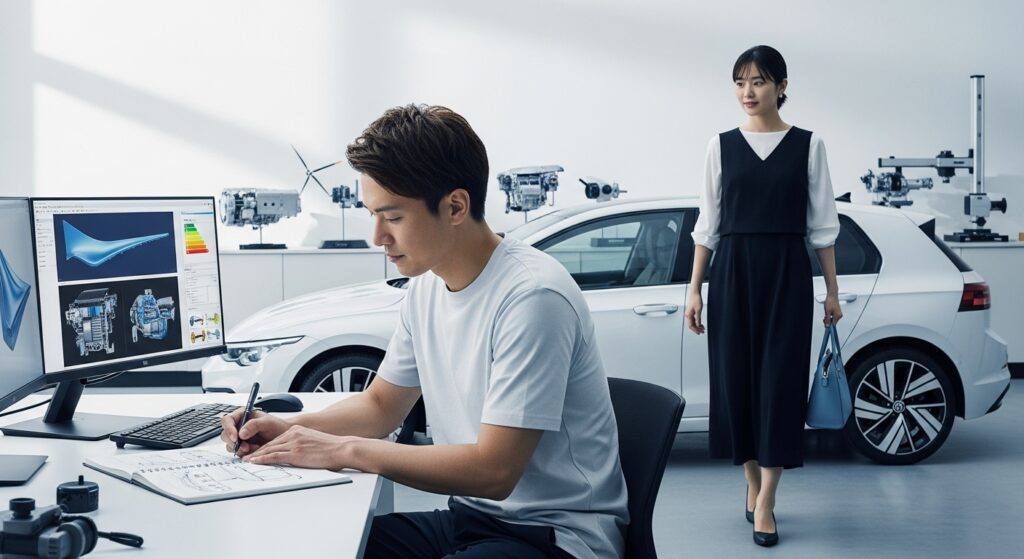 未来の内燃機関搭載ゴルフ9の燃費向上を目指し、設計図や空力モデルを前に検討する日本人自動車技術者。机上には模型や計測機器が並ぶ。