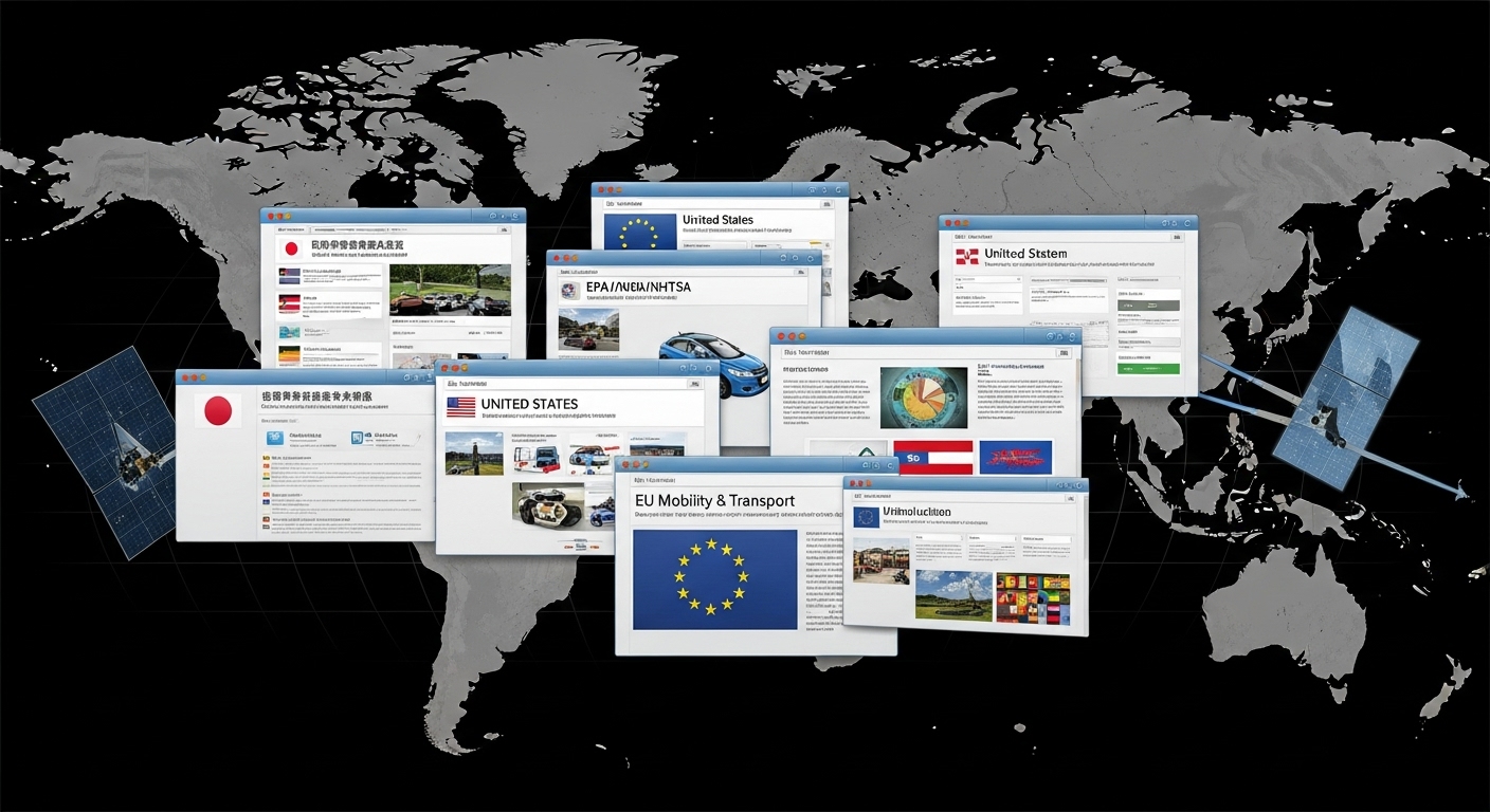国土交通省やEPA、EUの交通政策ページなど、各国の自動車制度サイトが世界地図と共に重ねられたグローバルな制度調査を象徴するビジュアル。