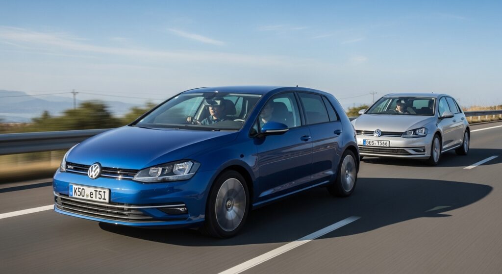 高速道路で並走する青色のゴルフeTSIとシルバーのゴルフTDI。日本人ドライバーが燃費計を見て満足そうに走行している。