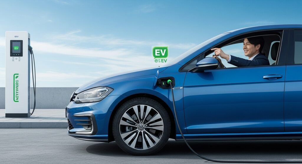 次世代ゴルフGTE PHEVを試乗する日本人男性。充電ステーションでケーブル接続中で、EV走行インジケーターを確認し笑顔を見せている。