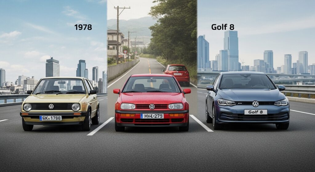 1974年から現代までのゴルフの進化を示す3世代モデル。左からゴルフ1、中央に赤いゴルフ3、右にメタリックブルーのゴルフ8が並び、それぞれ時代背景が描かれている。