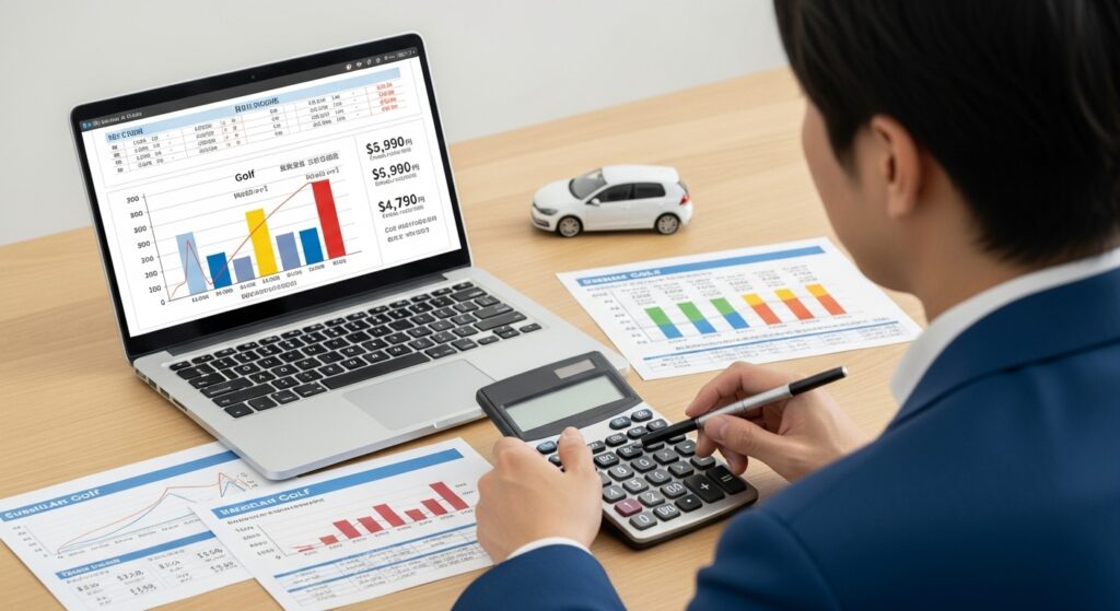 現行ゴルフの維持費を計算する日本人男性。机には燃費データや税金明細、比較表が並び、電卓を手に真剣に数字を確認している。