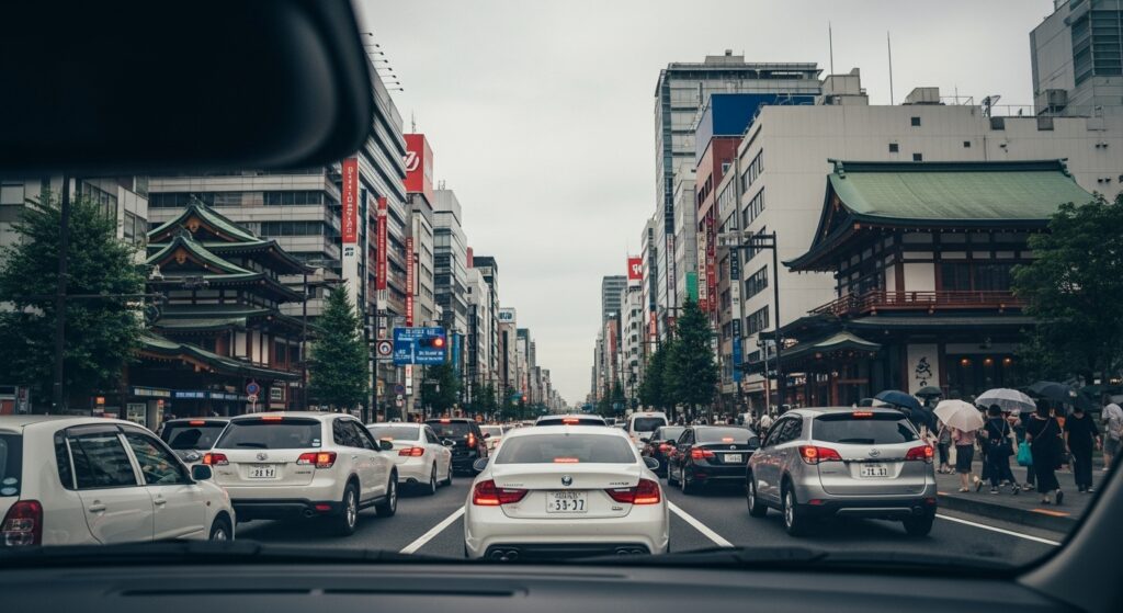 都市部の渋滞で停車中のゴルフ。日本人ドライバーが燃費計を見て困った表情を浮かべ、背景には車列とビル群が広がる。