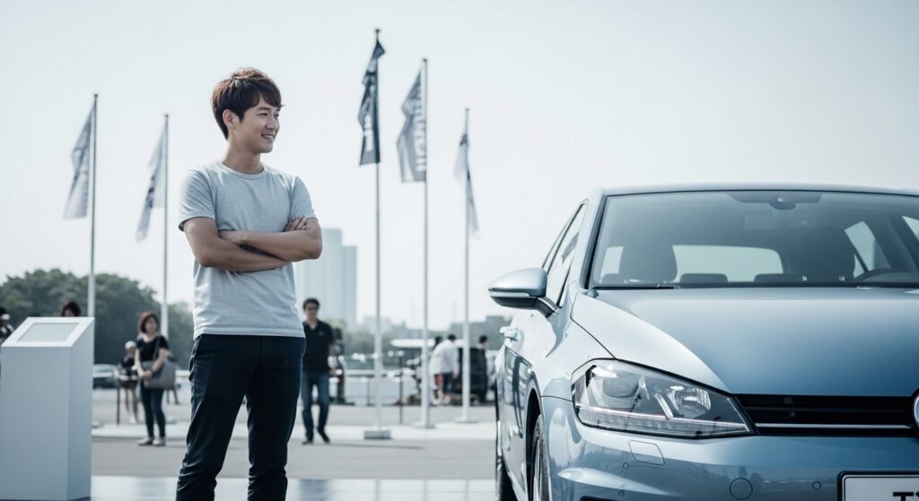 晴天の展示会場で、新型フォルクスワーゲン・ゴルフ8.5を満足げに観察する日本人自動車評論家の男性。洗練された外観とLEDライトが印象的。