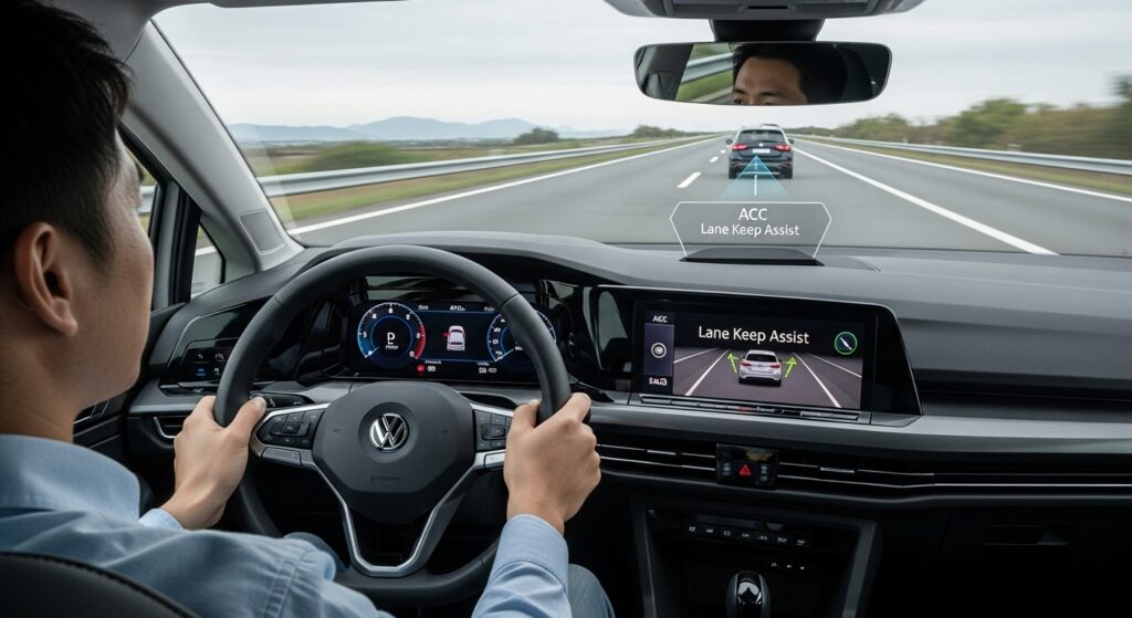 高速道路を走行中のゴルフ8運転席からの視点で、ACCとレーンキープアシストの表示がメーターに映り、ドライバーはリラックスして前方の先行車との車間を保っている。