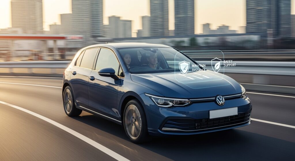 夕暮れの都心を走るゴルフ8を低い角度で追い撮り。運転手は落ち着いて走行し、HUD風の車間・レーン・盾アイコンが先進安全を示唆。遠景の給油所と葉、小さな硬貨の置物が燃費や維持費、リセールの検討を連想させる。