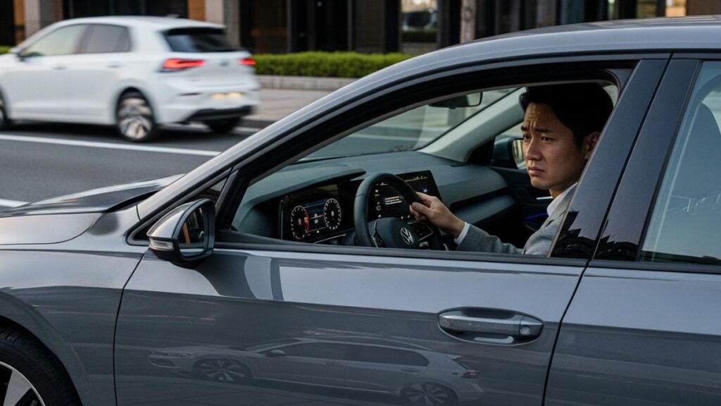 薄暮の街でフォルクスワーゲン・ゴルフ8を前に、日本人男性がデジタル化されたコックピットの操作に戸惑う。背後を国産EVが流れ、無地の値札と上向き矢印、砂時計、窓の先代シルエットの反射が価格上昇や納期遅延、デザイン変化を示す。