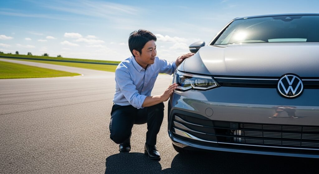 次世代フォルクスワーゲン・ゴルフ9の燃費性能に期待を寄せる日本人男性モータージャーナリストが、晴れた日差しの下で新型ゴルフのプロトタイプを熱心に観察している様子。男性はメモ帳とカメラを手にし、興奮と好奇心が入り混じった表情を浮かべている。背景には試験走行コースと青空が広がり、車体はメタリックシルバーで未来的なデザインが際立つ。