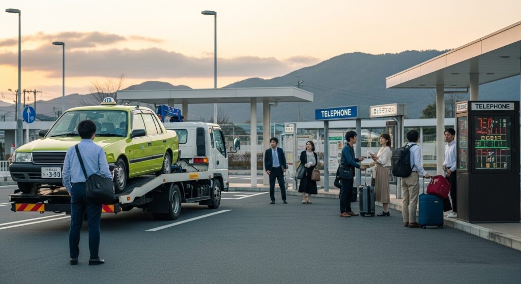 高速道路のサービスエリアで、搬送される愛車を見送りながらタクシーやバスなどの移動手段を検討する日本人ドライバーの様子。