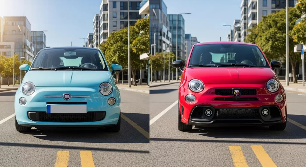 並んで停車するフィアット500とアバルト595のデザイン比較