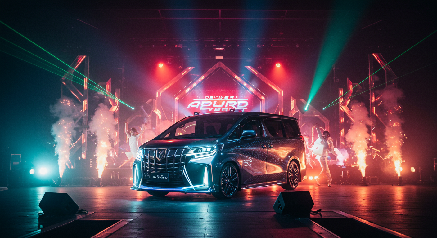 アルファードハイブリッドの燃費は悪すぎ？ 華やかな発表イベントで、レーザーや炎の演出に包まれて登場する大型高級ミニバン。迫力あるフロントデザインと輝くライトが強調されている。