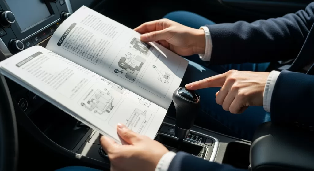 車内で運転者が取扱説明書を慎重に見つめ、もう一方の手がオートマ車のシフトロック解除ボタンに触れようとしている、自然光が窓から差し込む自己救済の場面
