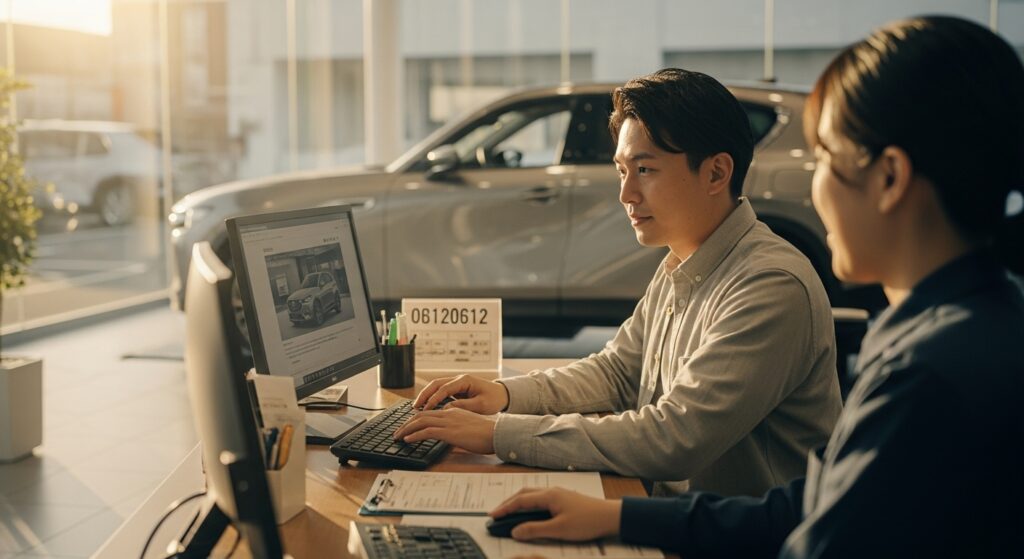中古車購入前にディーラーでマツダCX-60のリコールやサービスキャンペーン対象かを確認する日本人男性。車台番号を入力し、整備記録をチェックする様子。