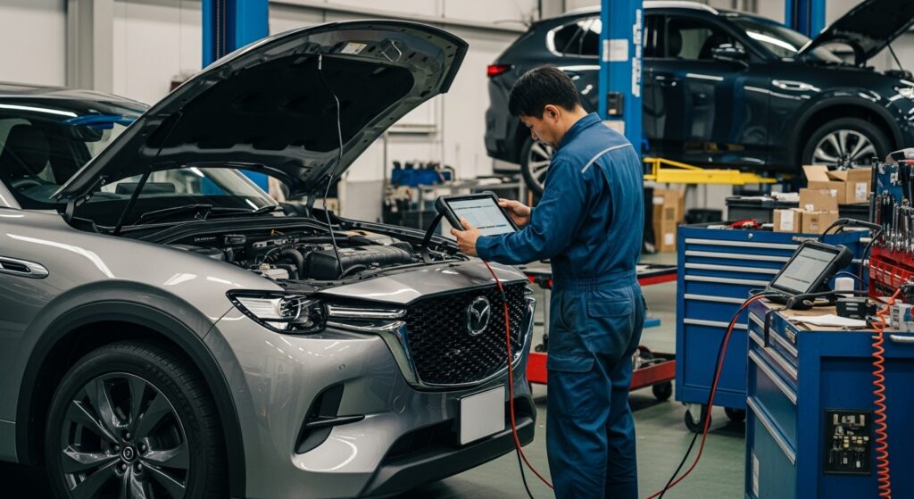 整備工場でボンネットを開け、診断機で新型マツダCX-60の不具合を点検する整備士の様子。