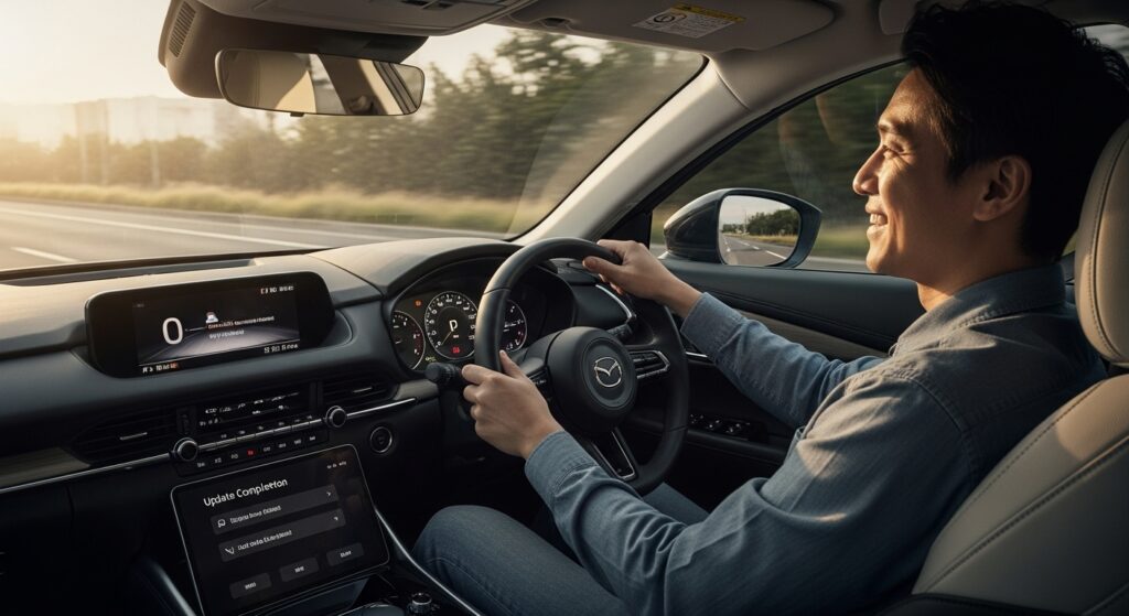最新ソフトウェアに更新されたマツダCX-60を運転し、快適な走行性能を体感する日本人男性。車内のディスプレイやタブレットにはアップデート完了画面が映り、進化したシステムを象徴。