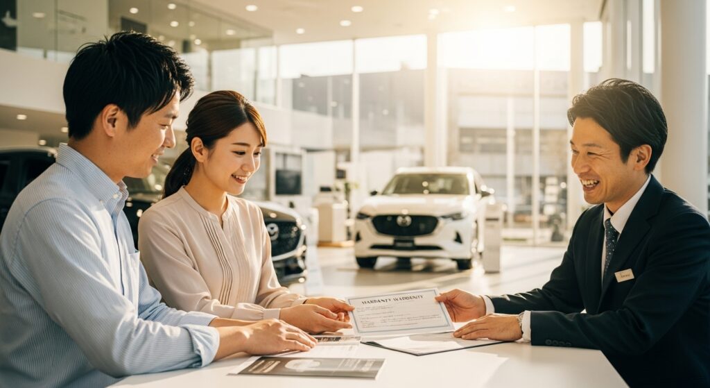 マツダCX-60購入後、ディーラーで保証内容の説明を受ける日本人男女。営業担当者が保証書を示し、安心できるサポート体制を案内している様子。