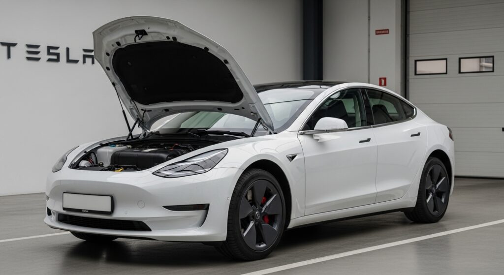 テスラの車検先を、公式サービスセンターと民間整備工場のどちらにするか悩む日本人オーナー。見積もり説明を受けつつ、EV特有の点検項目や費用の違いを考え、スマホで予約候補を確認。背景にリフトアップ車両と工具が並び専門性の差が伝わる。