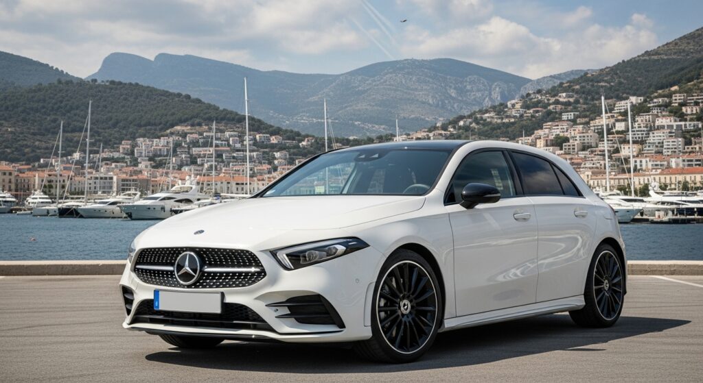 地中海沿いのマリーナに停車した白いメルセデス・ベンツAクラス。背景にはヨットと山並みが広がり、晴天のもと高級感とリゾート感が漂う情景。
