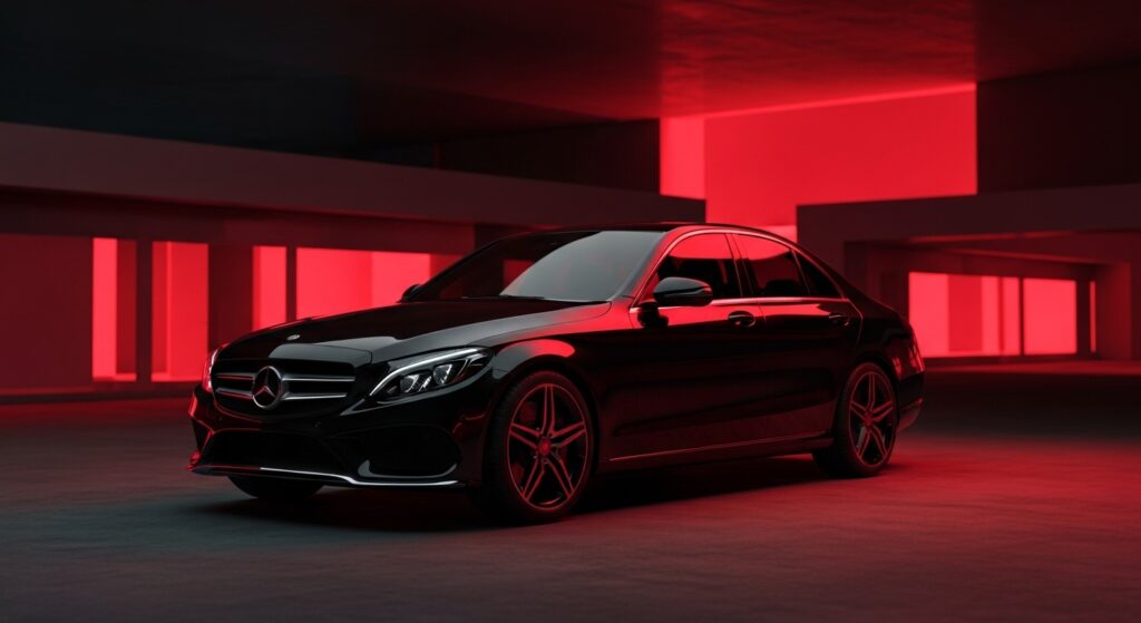 赤い照明に包まれた近未来的な空間に、艶やかな黒いメルセデス・ベンツCクラスのセダンが停まり、シャープなボディラインと輝くエンブレムが際立っている。