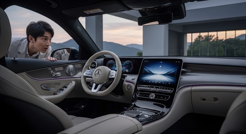 ガレージで新型2025年メルセデス・ベンツCクラスのドアが開き、最新のMBUXシステムと質感高いインテリアが光を放ち、日本人ジャーナリストが感嘆の表情で見つめている。