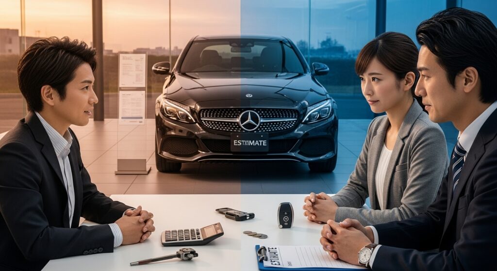 ショールームで黒いCクラスを前に、日本人カップルがセールスと相談する。期待と慎重さが交錯し、机上の鍵や電卓、レンチ小物が価格や維持費の検討を示す。左右で色分けした照明が評判と懸念を象徴。