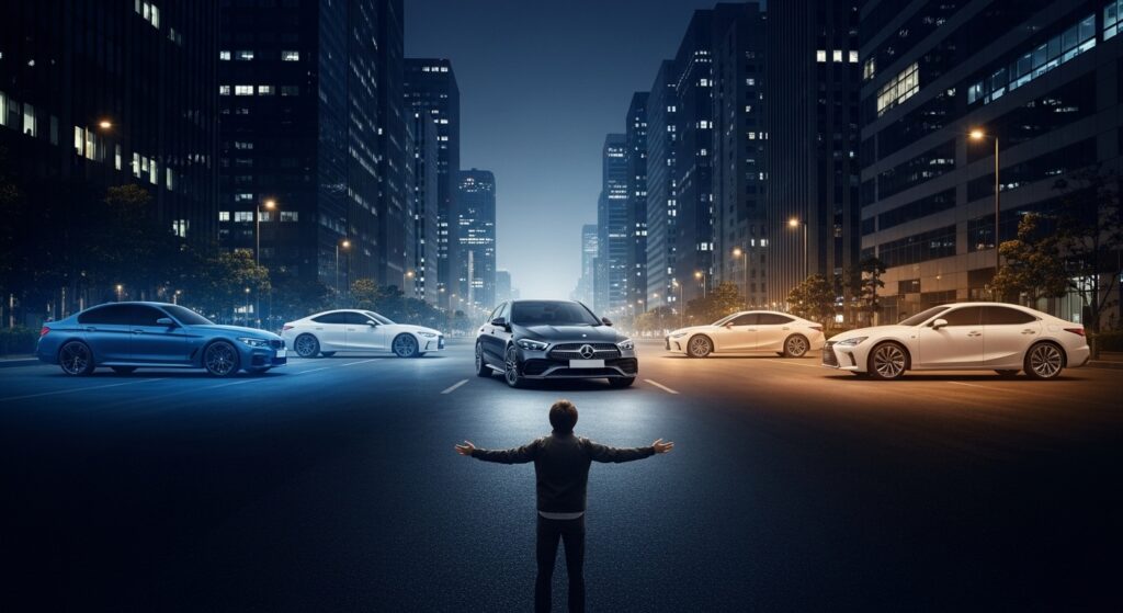 都会の夜景の中で黒い2025年型Cクラスが中央に立ち、周囲にBMW、アウディ、レクサスを示すシルエットが光に包まれて並び、それぞれの個性を対比している。