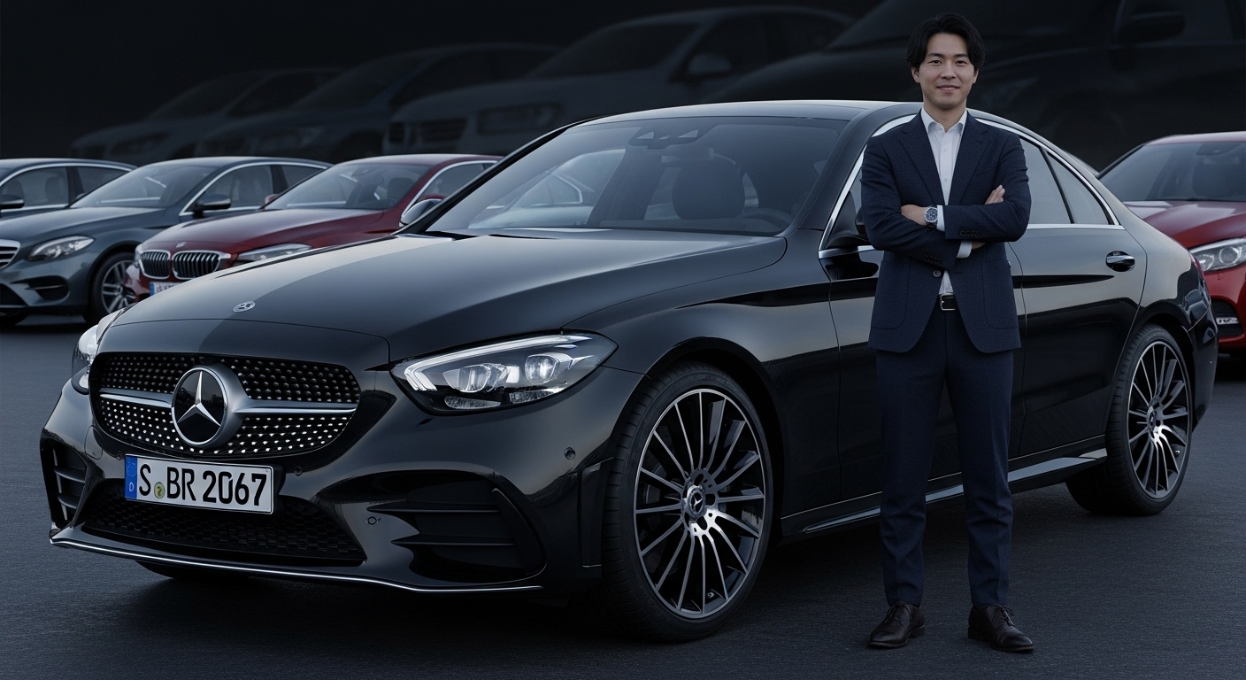黒いメルセデス・ベンツCクラスのセダンの横に、スーツ姿の日本人男性が腕を組んで立ち、満足そうに微笑んでいる。背景には複数の車両が並び、洗練された雰囲気を演出している。