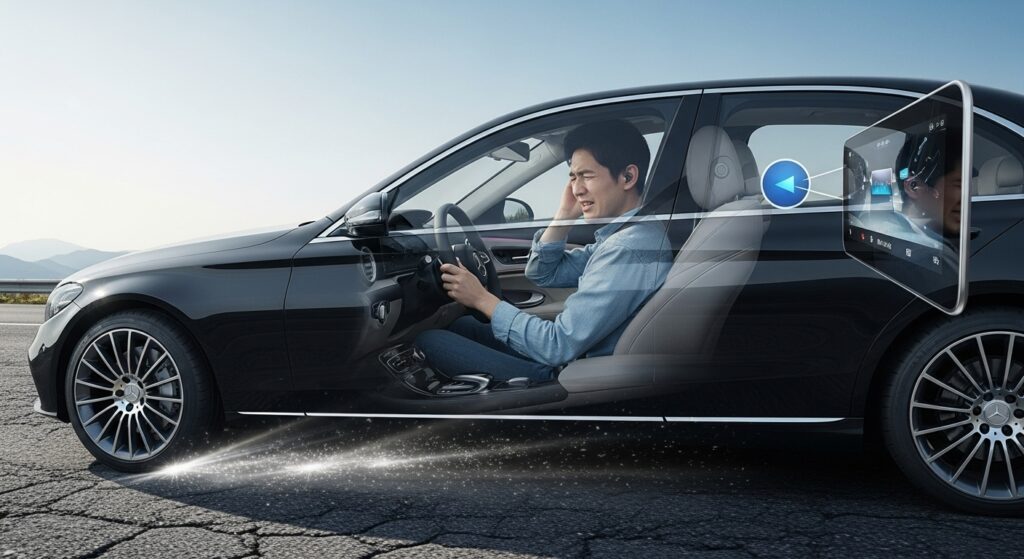 荒れた路面を走る2025年型Cクラスで、日本人ドライバーが耳を抑えてロードノイズに顔をしかめ、同時に大きなタッチディスプレイ操作に戸惑う様子を描く。