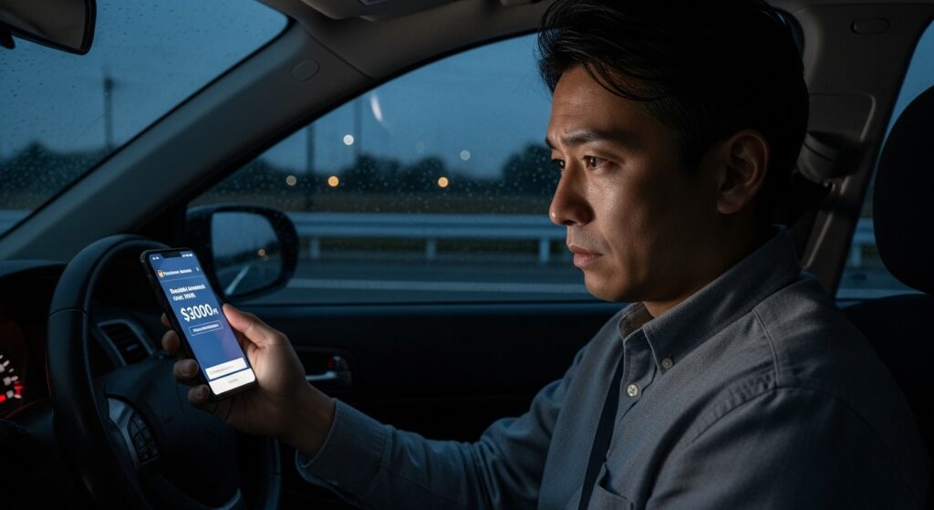 深夜の車内でスマートフォンの料金見積もりを確認し、深夜割増料金や費用相場に不安を感じている日本人男性の様子。