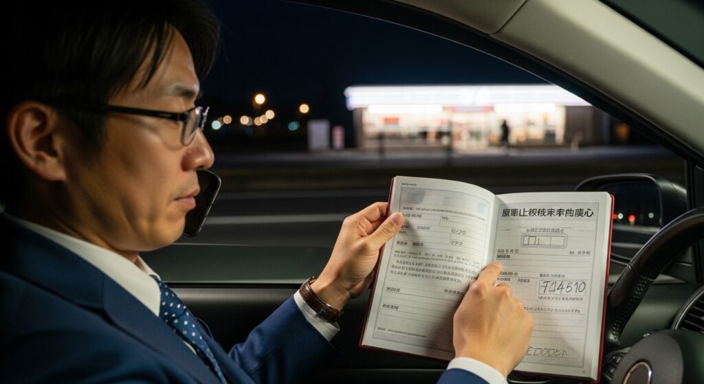 深夜の車内で車検証を手に取り、スマートフォンでロードサービスに連絡しながら車種や現在地を正確に伝える日本人男性。