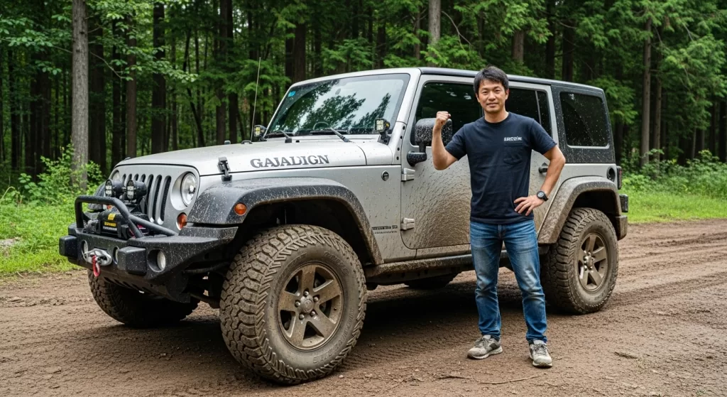オフロードを走るラングラーと日本人のオーナー