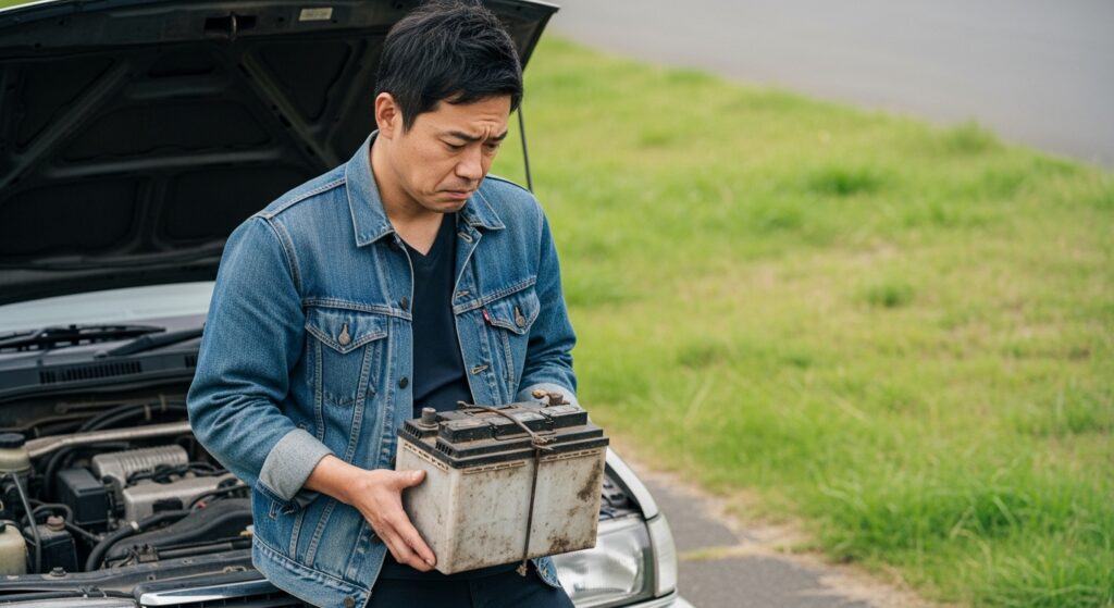 古い車のバッテリーを手に持ち、処分方法に悩む表情を浮かべる日本人男性が車の前で立っている様子。