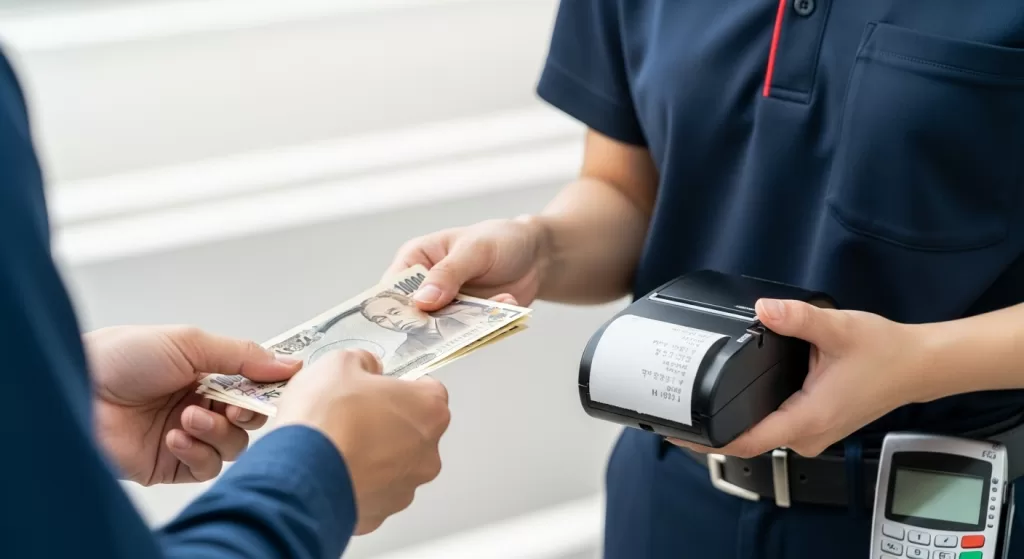顧客が数枚の日本円札を手渡し、整備技術者がレシートプリンターを持ち、ベルトにカードリーダーを付けた手元の取引シーン、複数支払い方法の存在を示す
