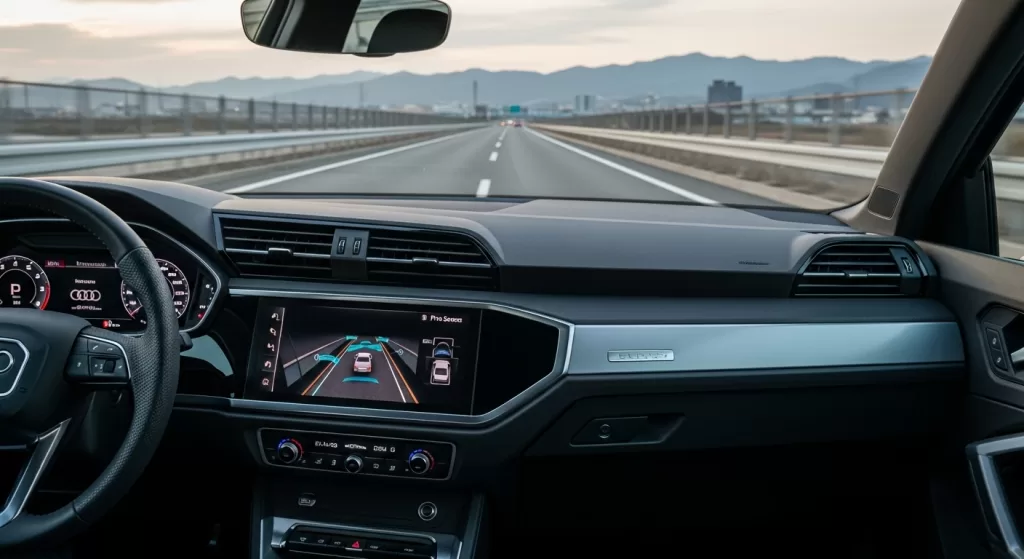先進安全装備アウディプレセンスの動作中をイメージした車内ディスプレイ