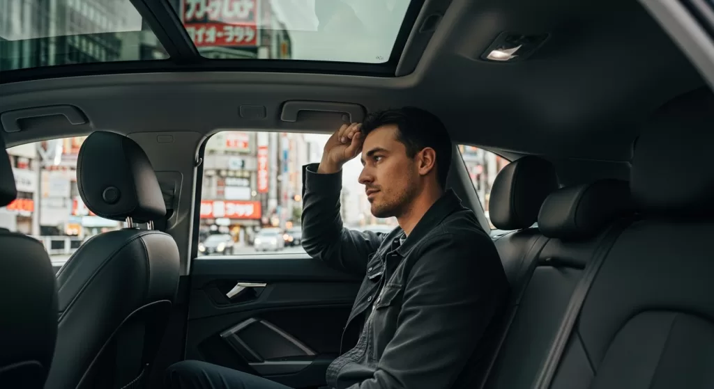 後席で頭上空間を確認する乗員と傾斜したルーフラインの関係性