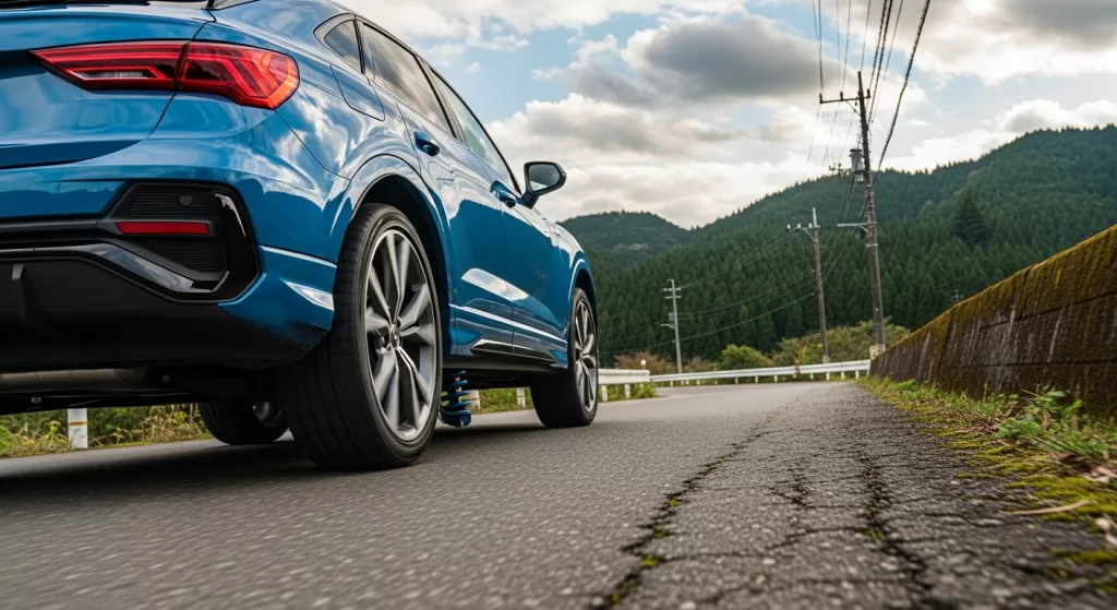 硬めの乗り心地や突き上げ感を連想させる悪路走行中の様子