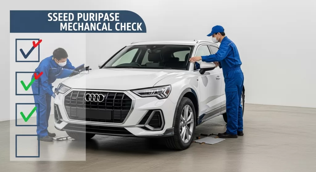 中古購入前の点検ポイントを示すQ3スポーツバックと整備士のイメージ