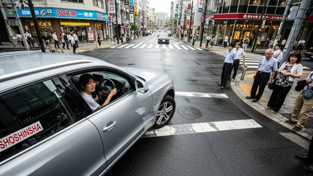 狭い交差点で苦戦するアウディQ5と初心者ドライバー