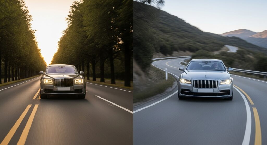並木道を静かに進む大型セダンと、ワインディングロードを軽快に駆け抜けるセダンが対比され、ファントムの重厚感とゴーストの俊敏さの違いを表現している。