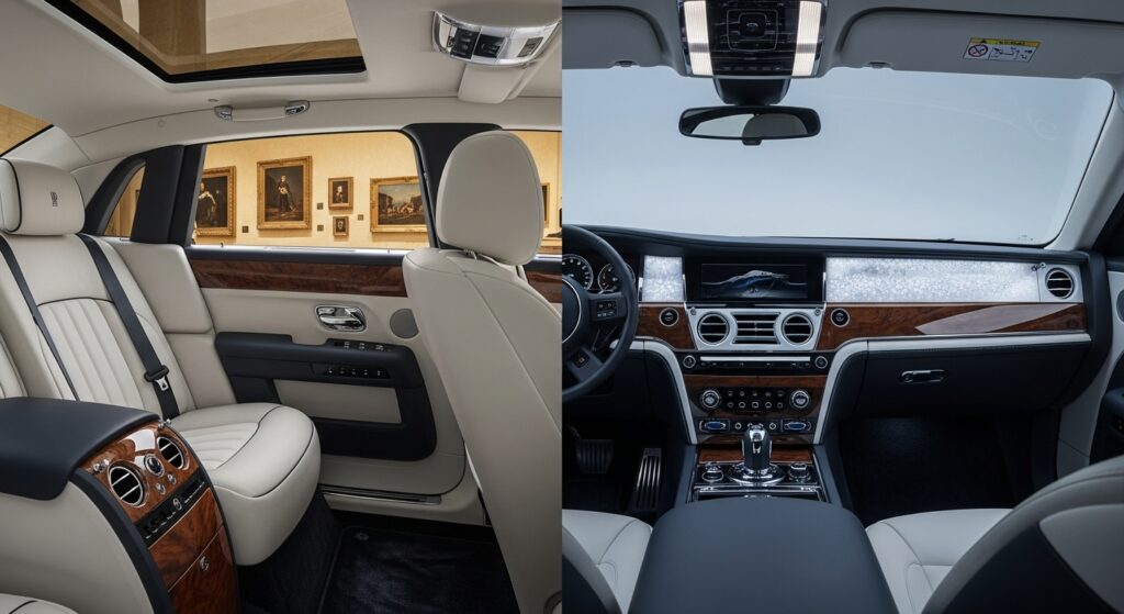 ファントムは重厚で宮殿のような豪華インテリアを備え、ギャラリーやウッドを強調。一方ゴーストはモダンで洗練された室内にイルミネーションが映え、対照的な雰囲気を表現している。