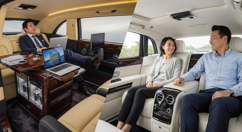 ファントムEWBの後席は広大でVIP用のラウンジのように豪華。一方ゴーストの後席は家族や友人を快適にもてなすための空間として描かれ、両者の思想の違いを表現している。