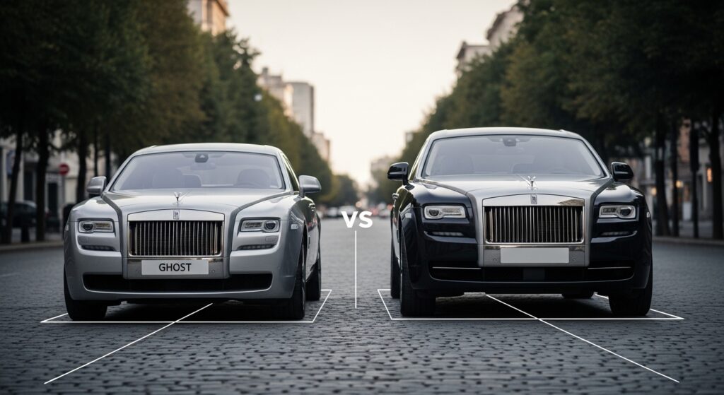 街中で並ぶ2台の高級セダン。左の車より右の車が全長・全幅・全高ともに大きく、ゴーストとファントムのスケール感の違いを際立たせている。