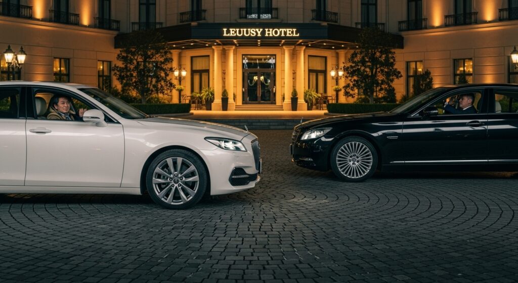 高級ホテル前に停まる2台のセダン。左の小ぶりな車はオーナー自身が運転席に座り、右の大型車は後席でオーナーが電話をしており、運転は専属ドライバーに任せている